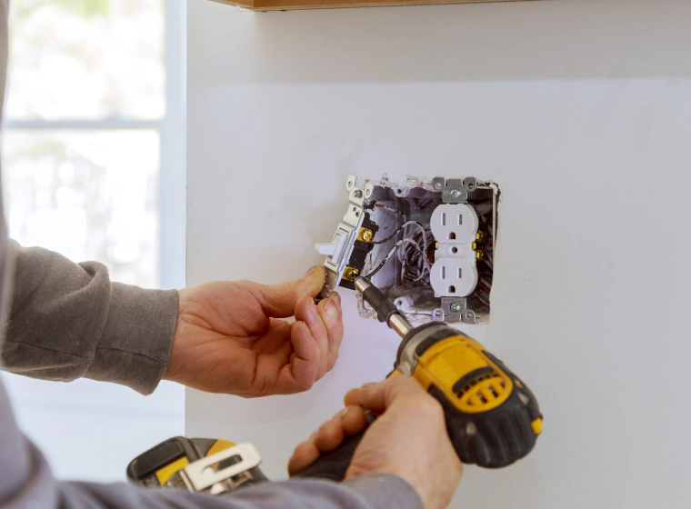 worker with a black and yellow screwdriver installing a connection on a white wall