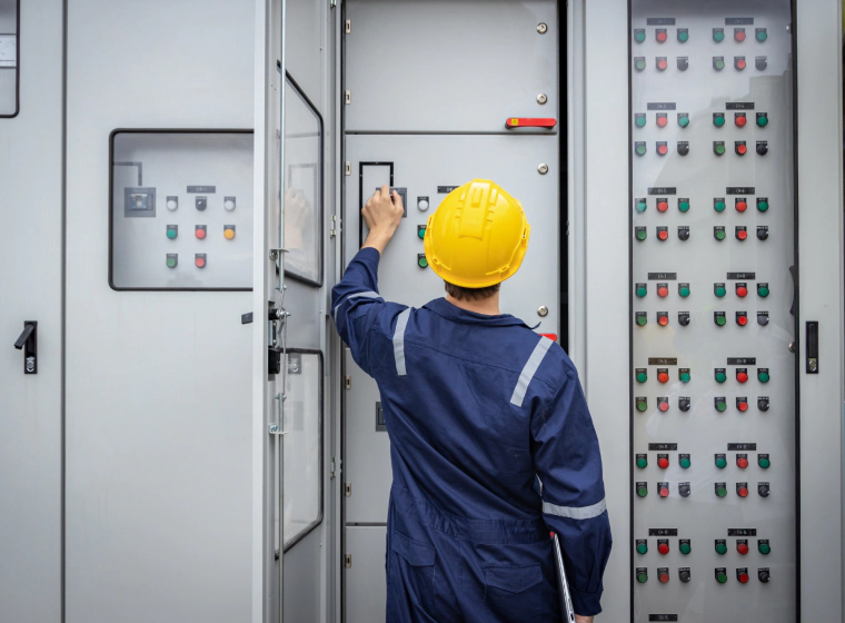 worker with a blue jumpsuit and a yellow helmet checking some electrical installations